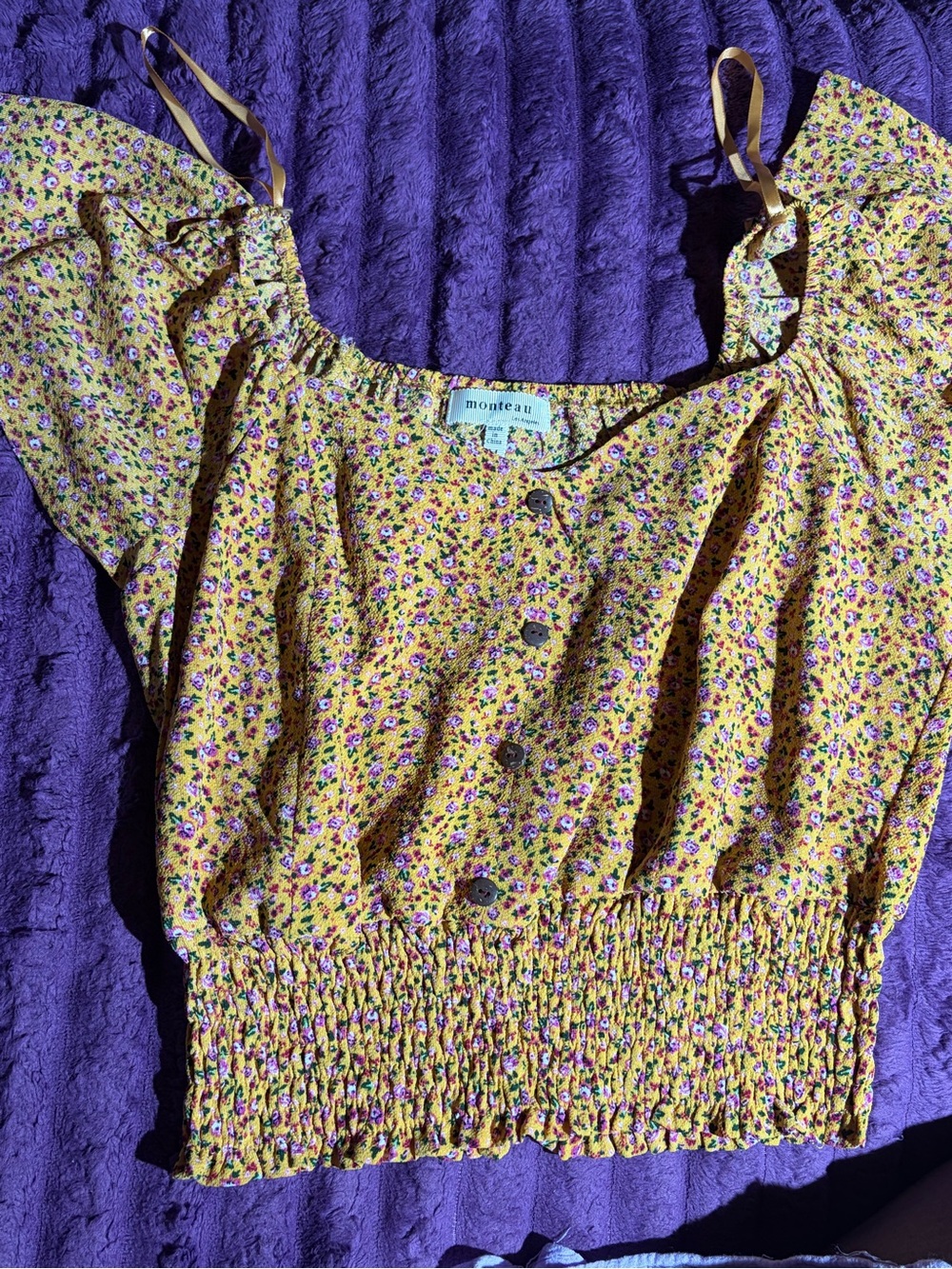 Monteau Yellow Floral Smocked Crop Top with Button Front